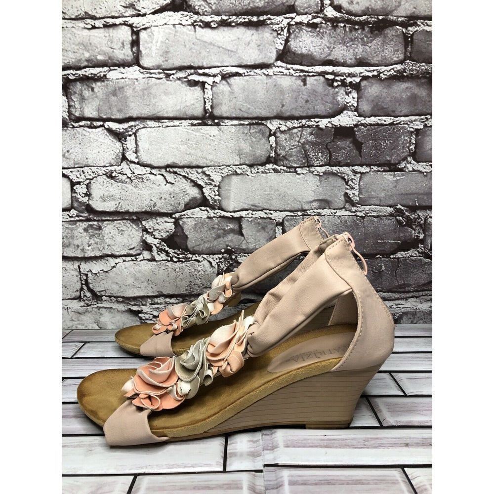 Patrizia Blush Pink Flower Faux Leather Harlequin Wedge Sandals Women’s Sz 38EU